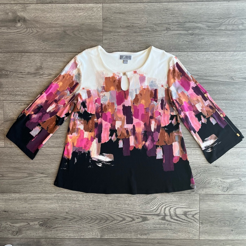 JM Collection Women’s Petite Small Abstract Blouse Gold Hardware Cut Out Sleeve